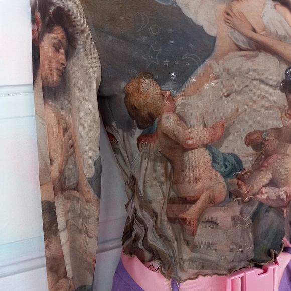 Sheer mesh Renaissance angel art lettuce edged mock-turtleneck crop top! Nwot! - Picture 6 of 10
